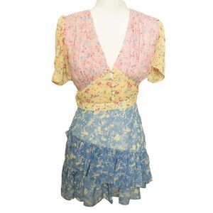 $445 NWT Love Shack Fancy Bea Silk Ruffle Color Block Floral Mini Dress …